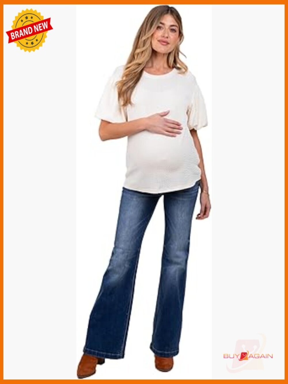 Maternity Flare Jeans - Mid Rise Pull On Long Length Cotton Blend